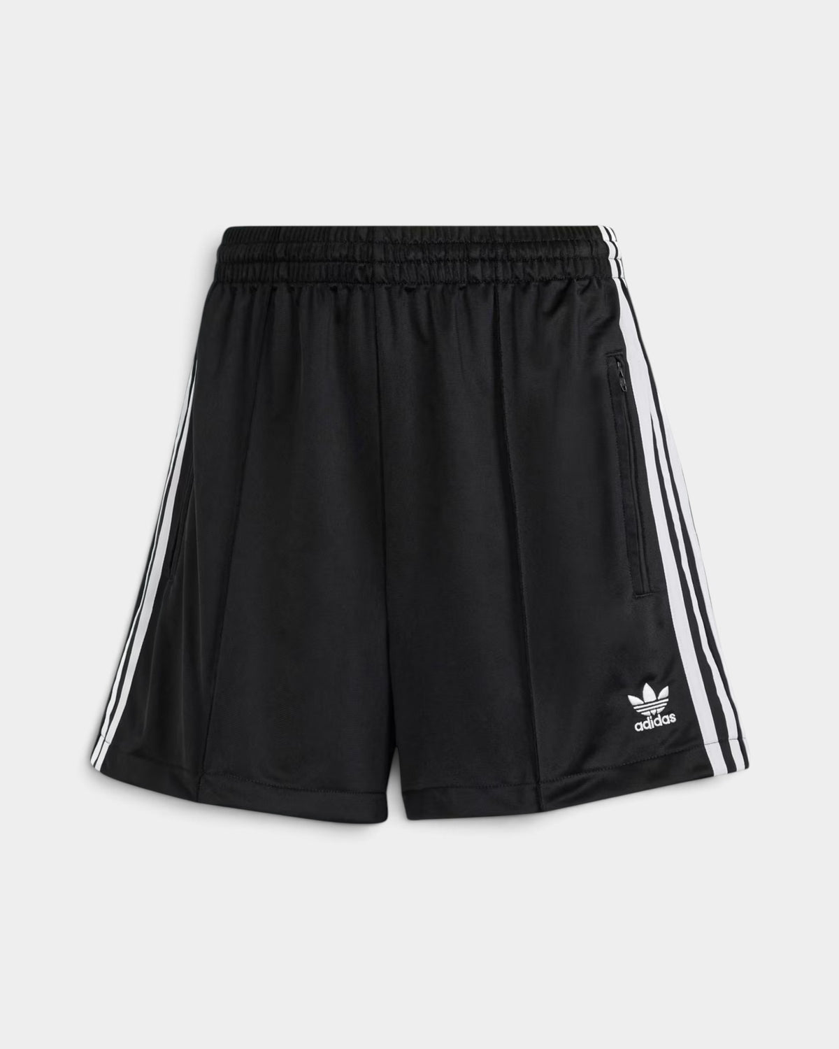 Lockwood Avenue adidas Firebird black tricot shorts with white side stripes, elastic waist, and zip pockets.