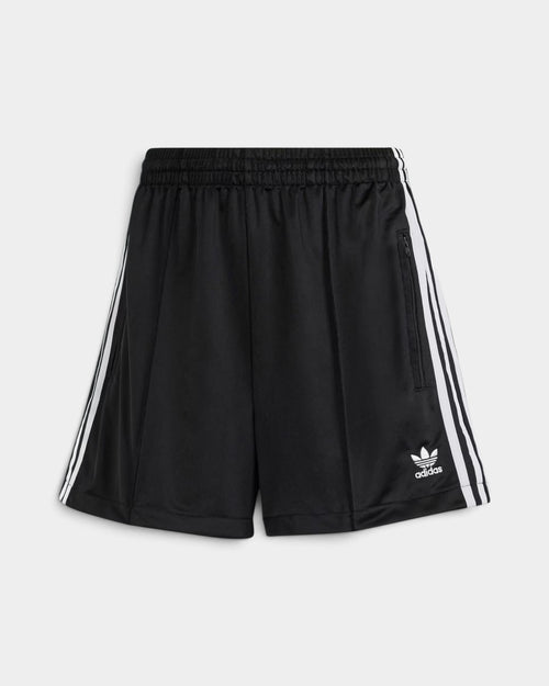 Lockwood Avenue adidas Firebird black tricot shorts with white side stripes, elastic waist, and zip pockets.