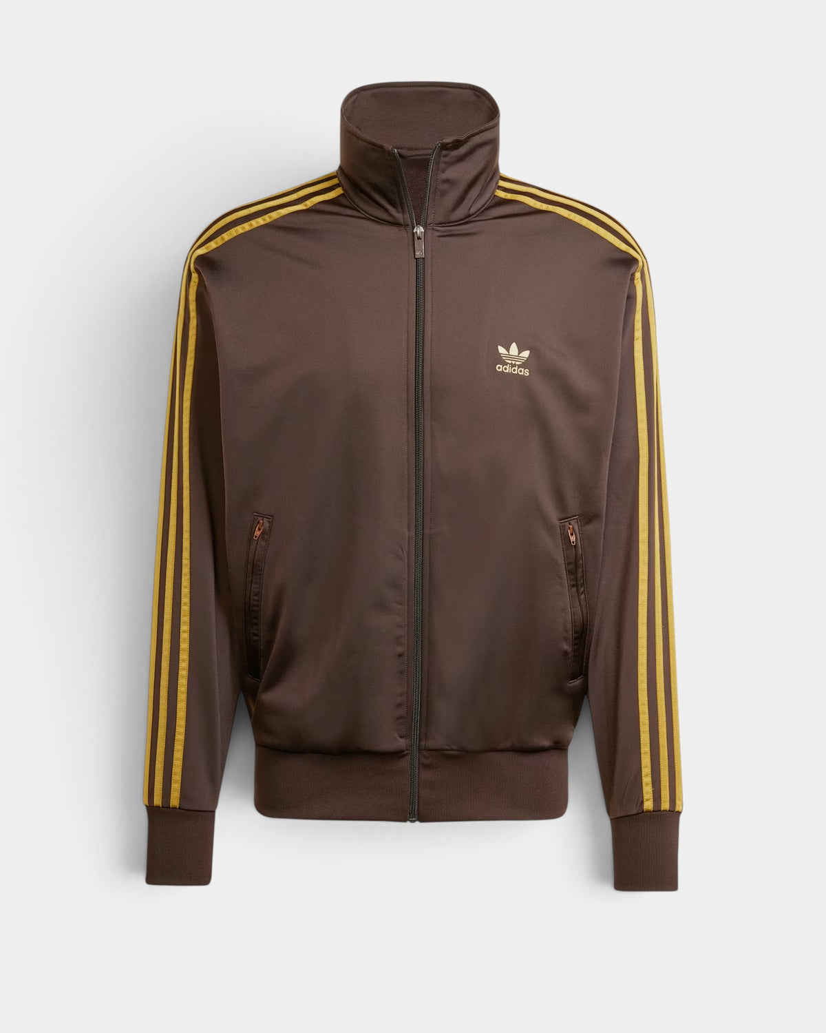 Lockwood Avenue adidas Adicolor Firebird track top in dark brown with bronze 3-Stripes and embroidered Trefoil logo.