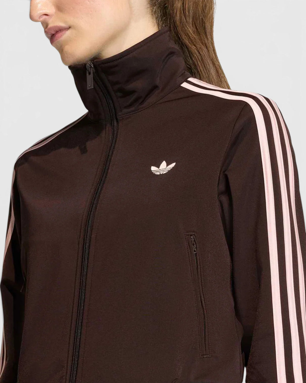Lockwood Avenue adidas Firebird track top in aurora coffee brown with sandy pink 3-Stripes and embroidered Trefoil