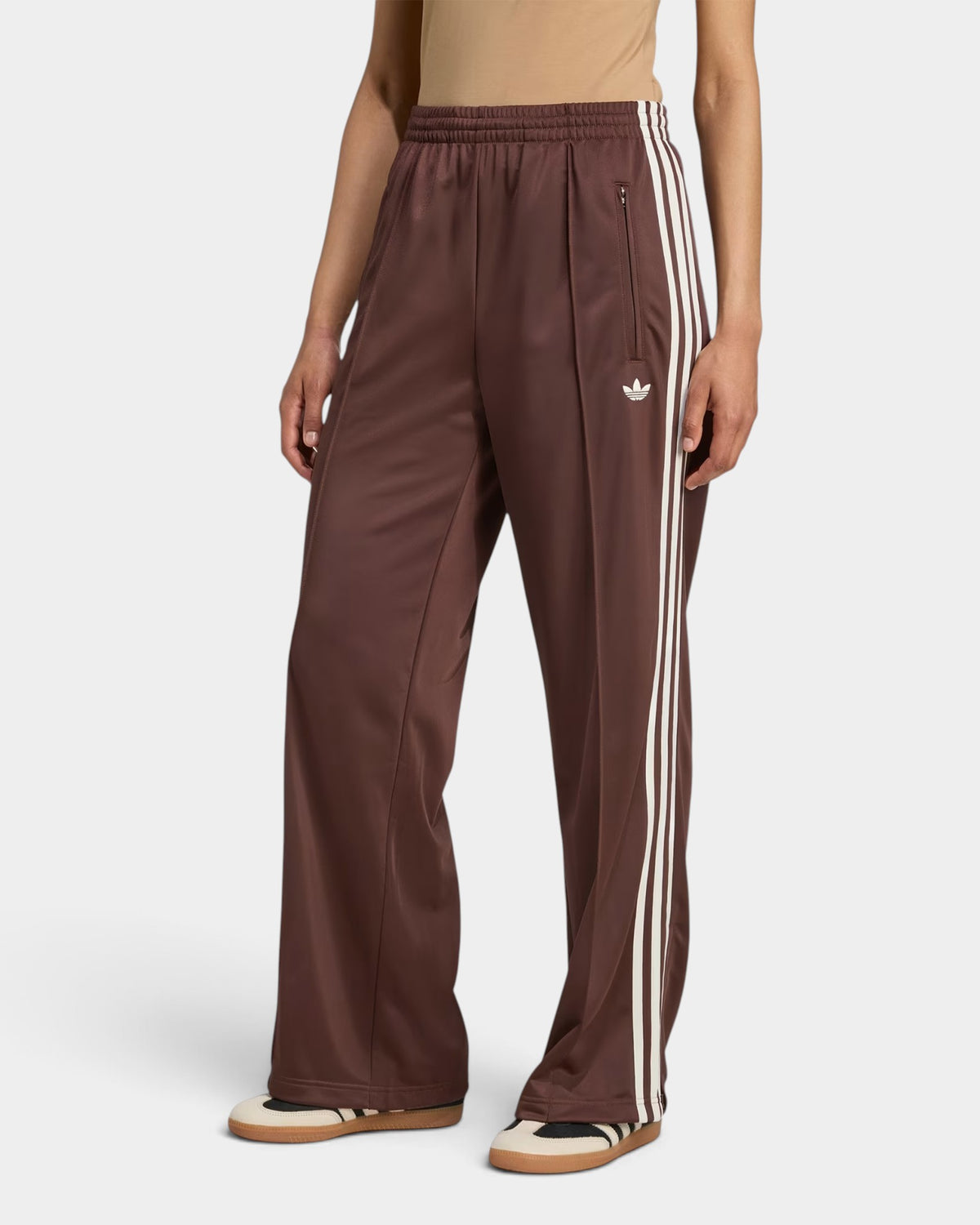 Lockwood Avenue adidas Adicolor Classic Firebird loose track pants in chestnut auburn with cream white side stripes.
