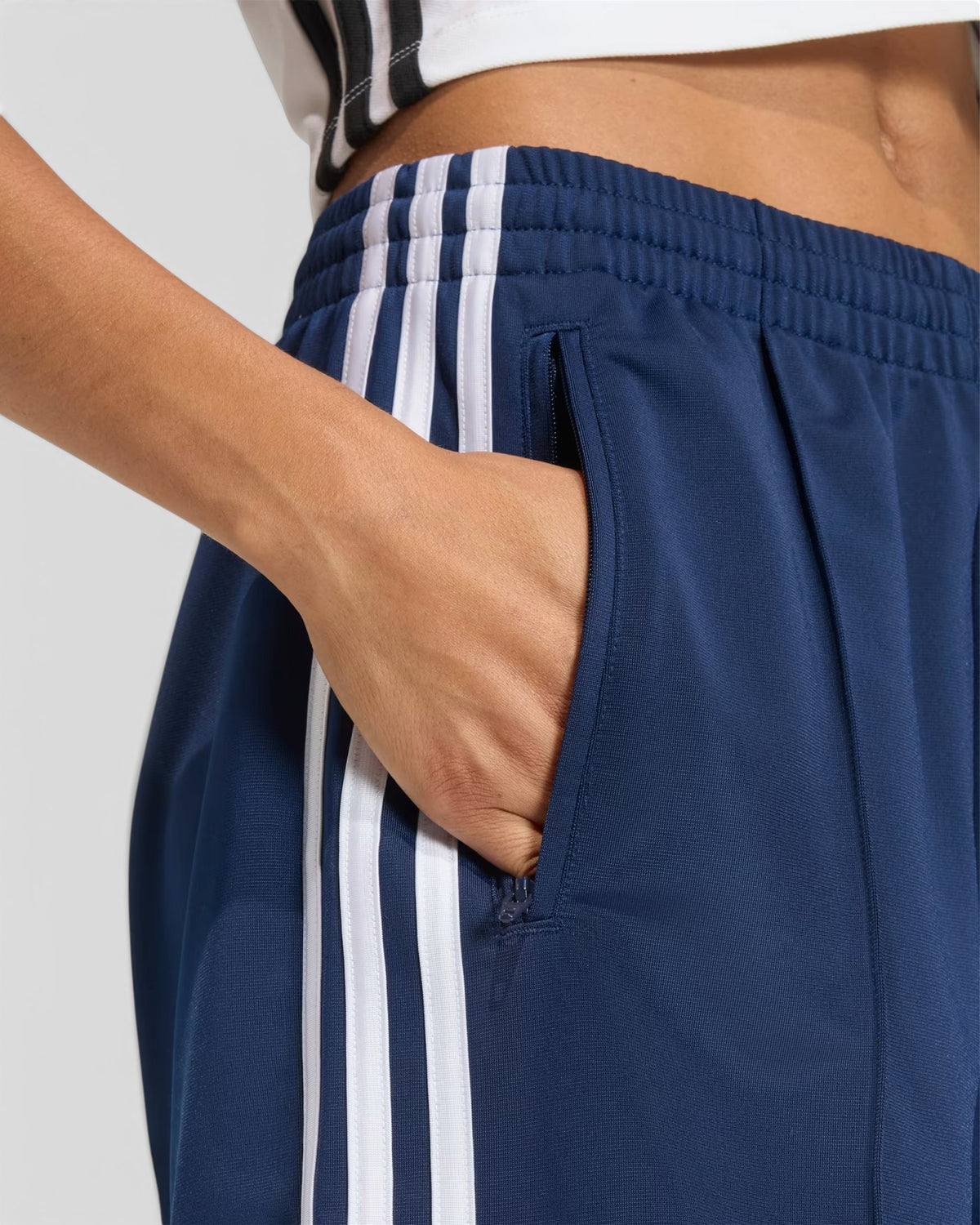 Lockwood Avenue adidas Firebird navy blue tricot shorts with white 3-Stripes and zippered side pocket
