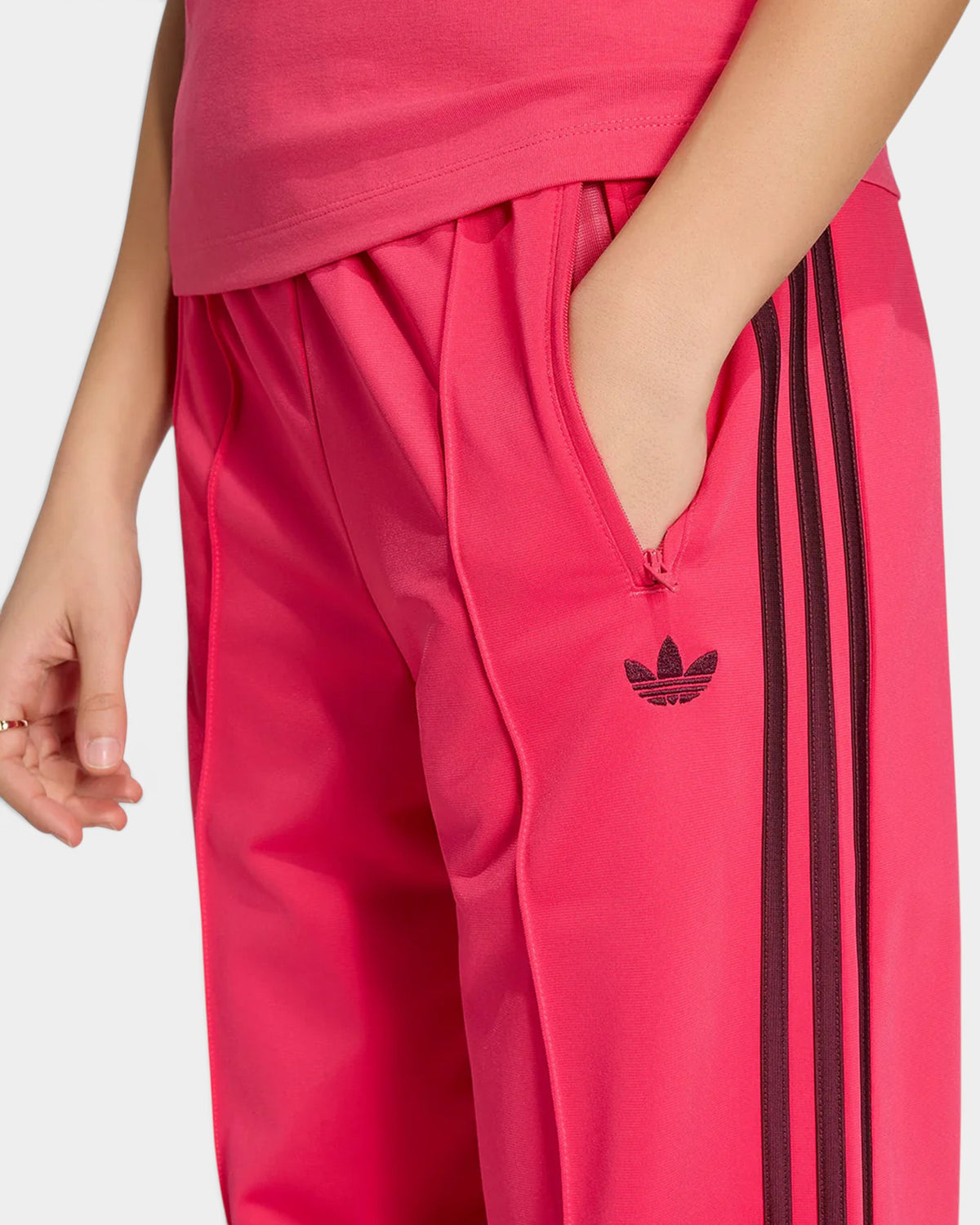 Lockwood Avenue adidas Adicolor Classic Firebird loose pink tricot track pants with maroon stripes and Trefoil logo