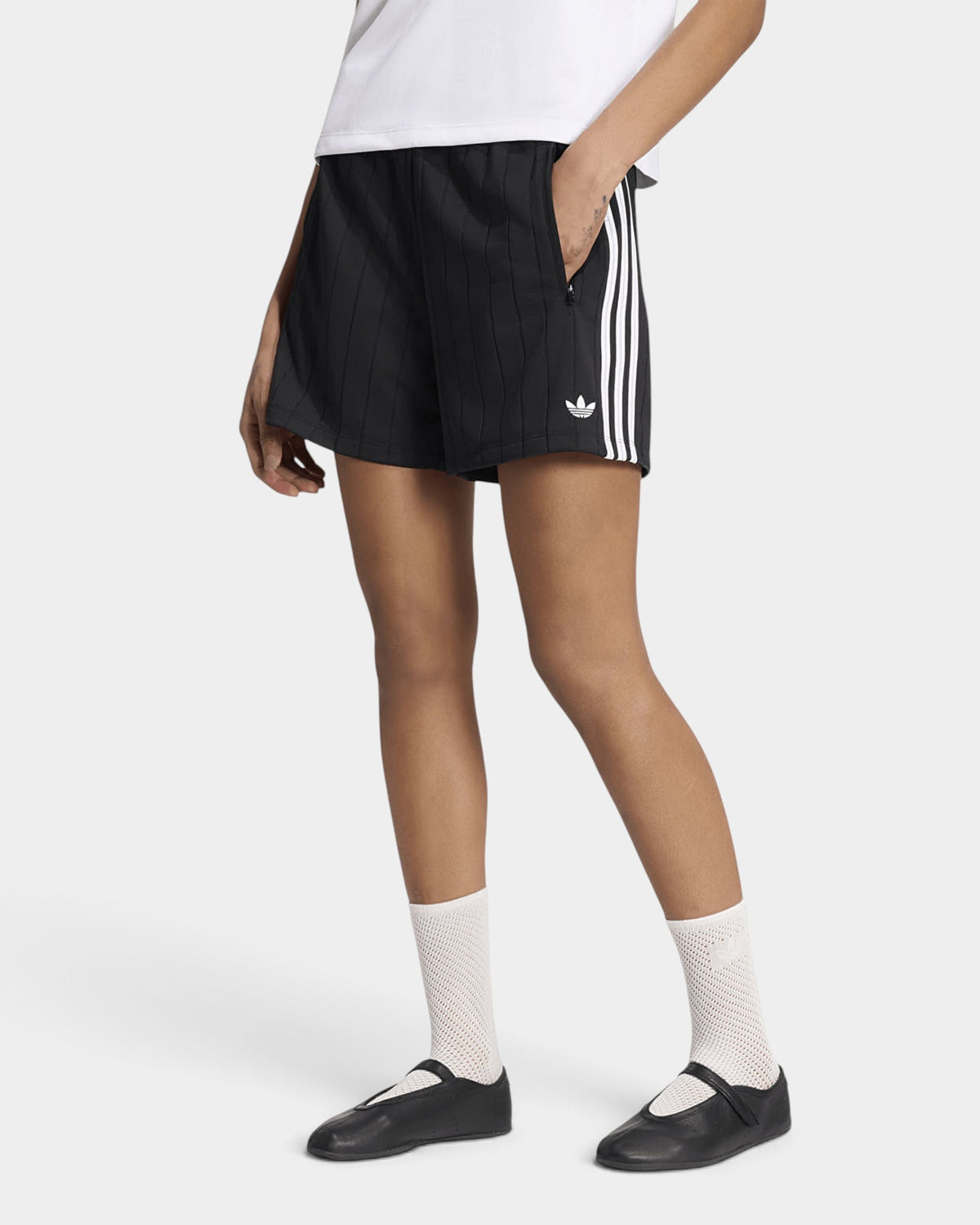 Lockwood Avenue adidas Pinstripe Sprinter Shorts in Black with white 3-Stripes and Trefoil, front view