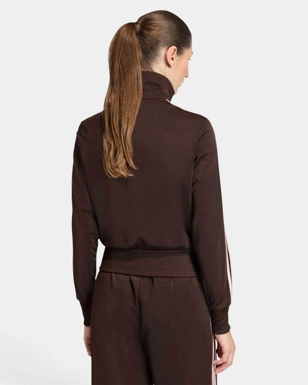 Lockwood Avenue adidas Firebird track top in aurora coffee brown with sandy pink sleeve stripes, back view.
