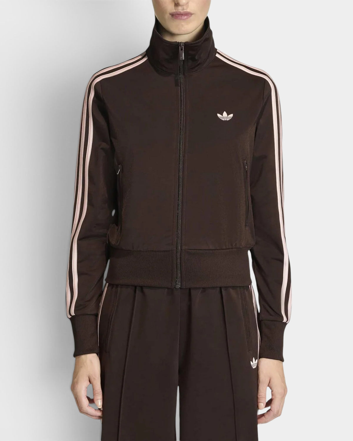 Lockwood Avenue adidas Firebird track top in aurora coffee brown with sandy pink 3-Stripes and embroidered Trefoil.