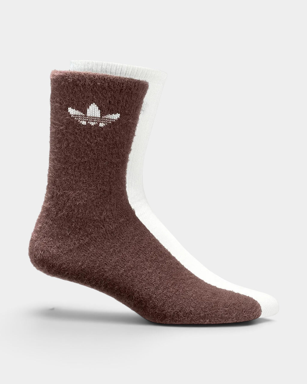 Lockwood Avenue adidas fluffy crew socks in fox brown and off white with a textured Trefoil logo