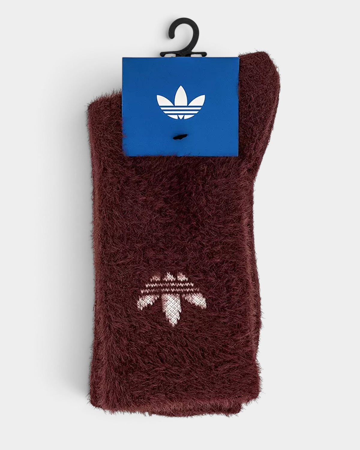 Lockwood Avenue adidas fluffy crew socks in fox brown with a white knit Trefoil logo on a white background