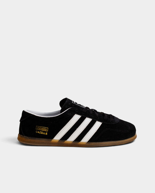 Lockwood Avenue adidas Gazelle Lo Pro women's black leather sneaker with white stripes and low-profile gum sole