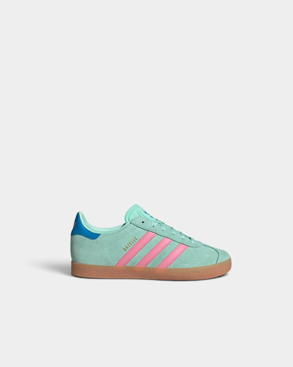Lockwood Avenue adidas Kids Gazelle shoes in clear mint suede with bliss pink stripes and gum rubber outsole