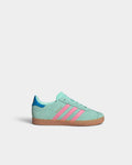 Lockwood Avenue adidas Kids Gazelle shoes in clear mint suede with bliss pink stripes and gum rubber outsole