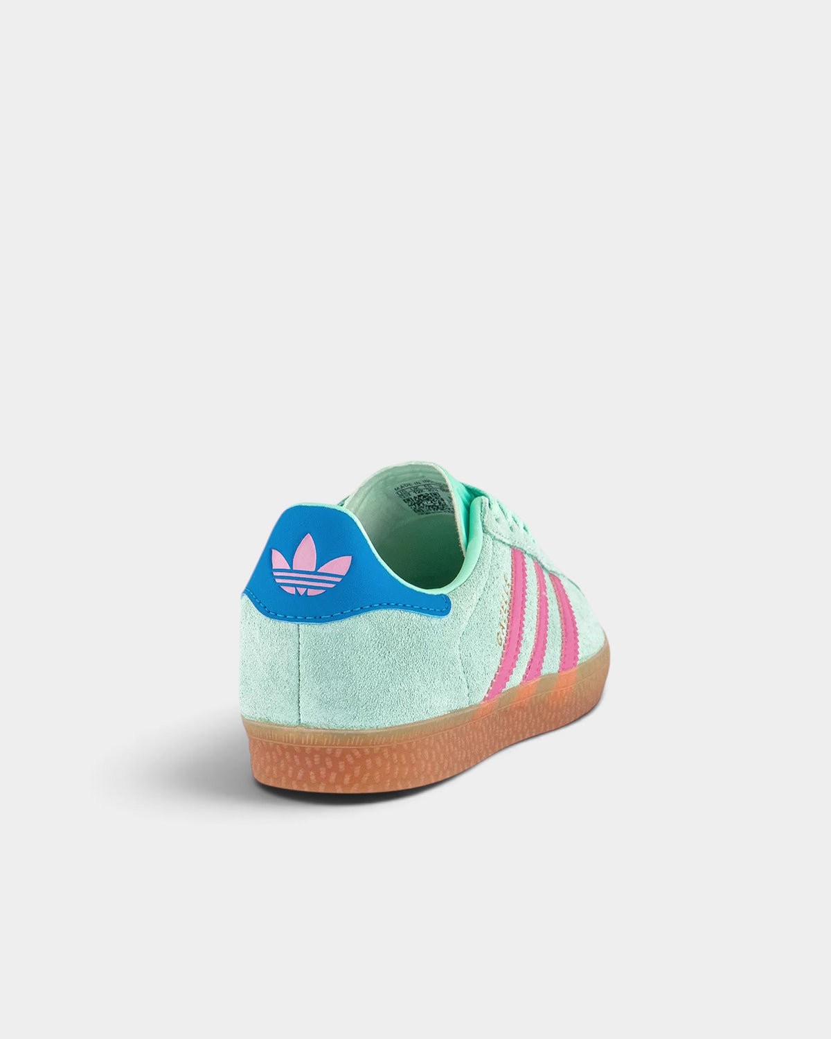 Lockwood Avenue adidas Kids Gazelle shoes in clear mint suede with pink stripes and a gum rubber outsole, rear view.