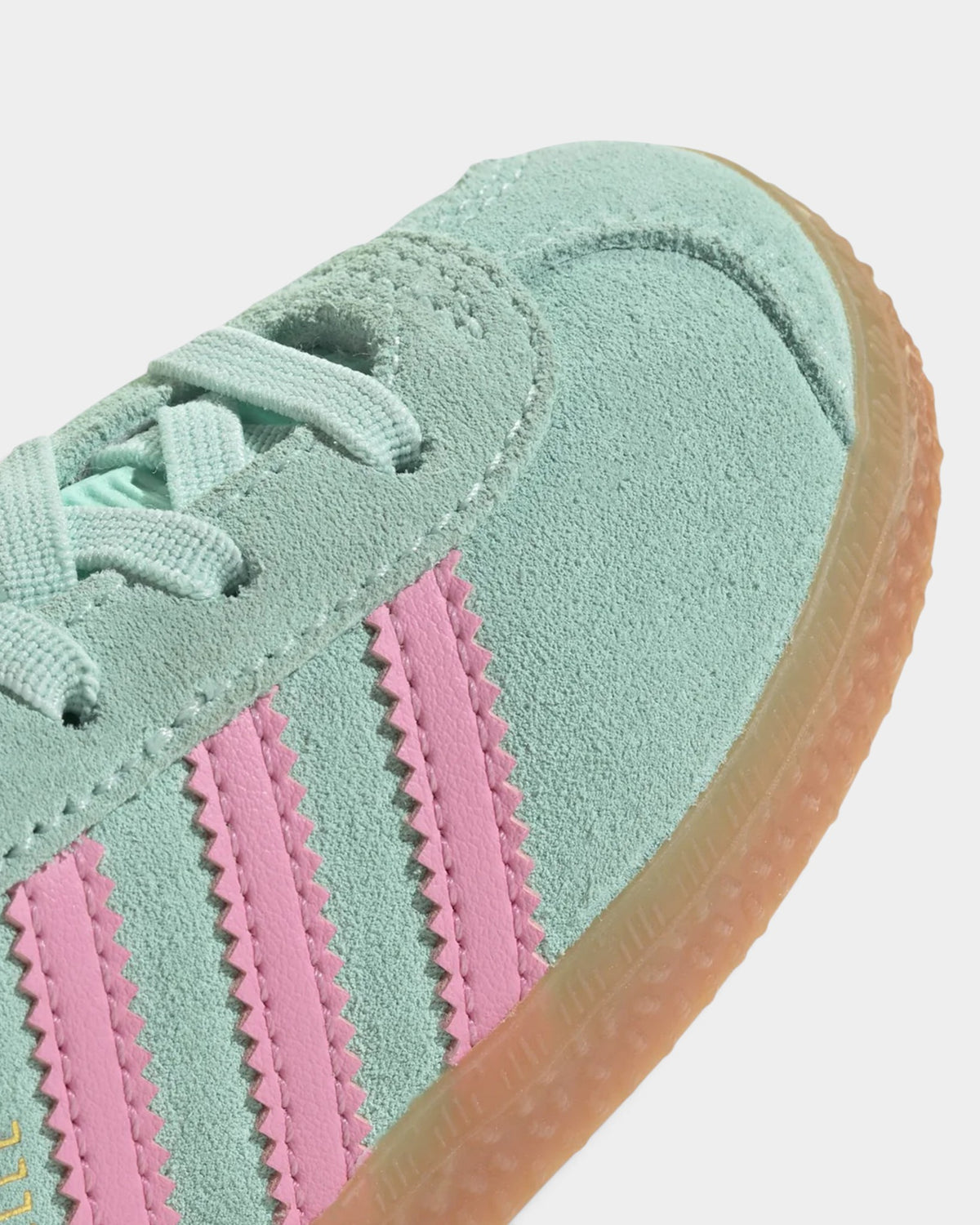 Lockwood Avenue adidas Kids Gazelle shoes in clear mint suede with bliss pink serrated stripes and gum rubber outsole