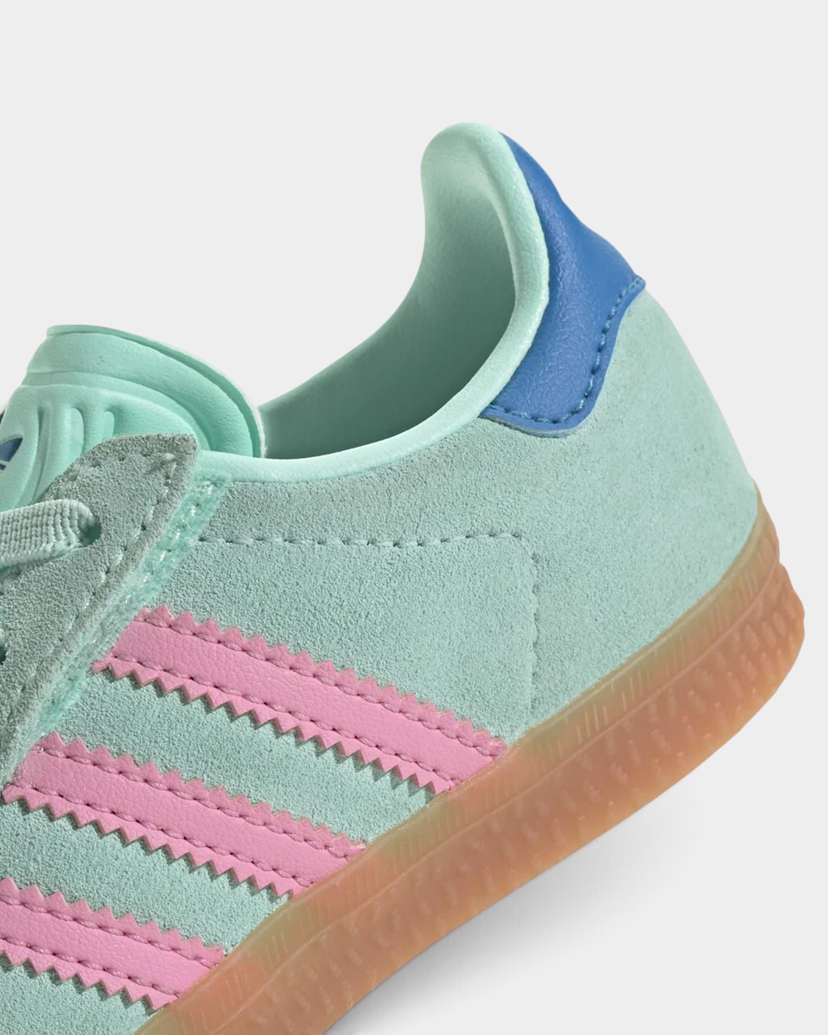 Lockwood Avenue adidas Kids Gazelle shoes in clear mint suede with pink serrated stripes and a gum rubber outsole.