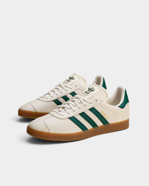 Lockwood Avenue adidas Gazelle sneakers in cloud white suede with core green stripes and a gum rubber outsole.