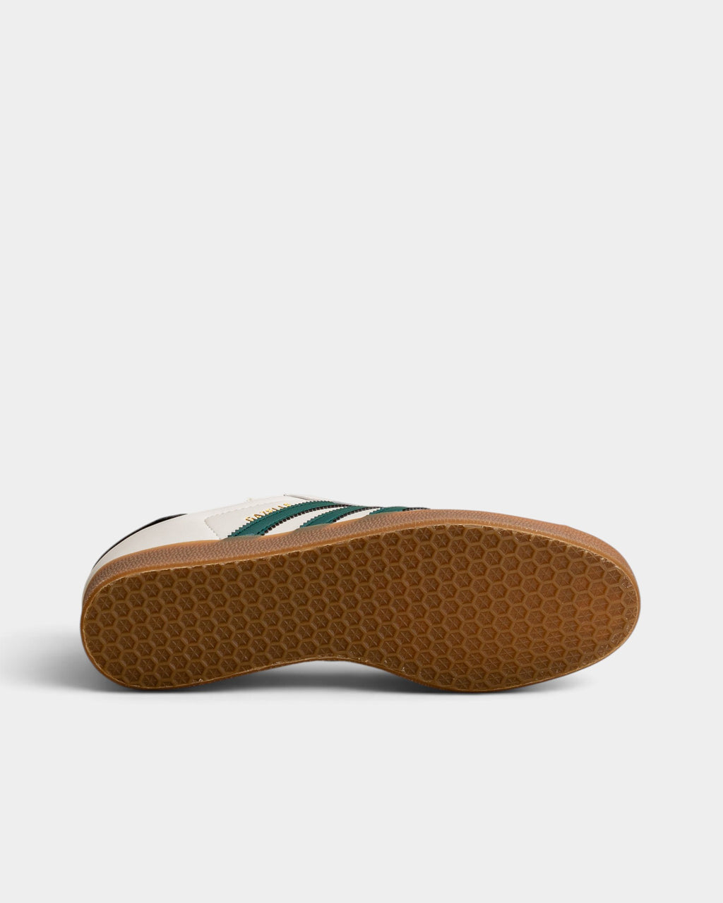 Lockwood Avenue adidas Gazelle white suede sneaker with green stripes and gum rubber sole, side view