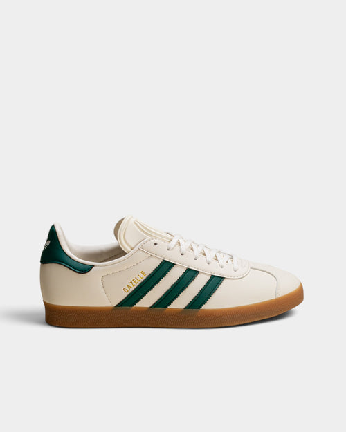 Lockwood Avenue adidas Gazelle sneakers in cloud white suede with core green stripes and a gum rubber outsole.