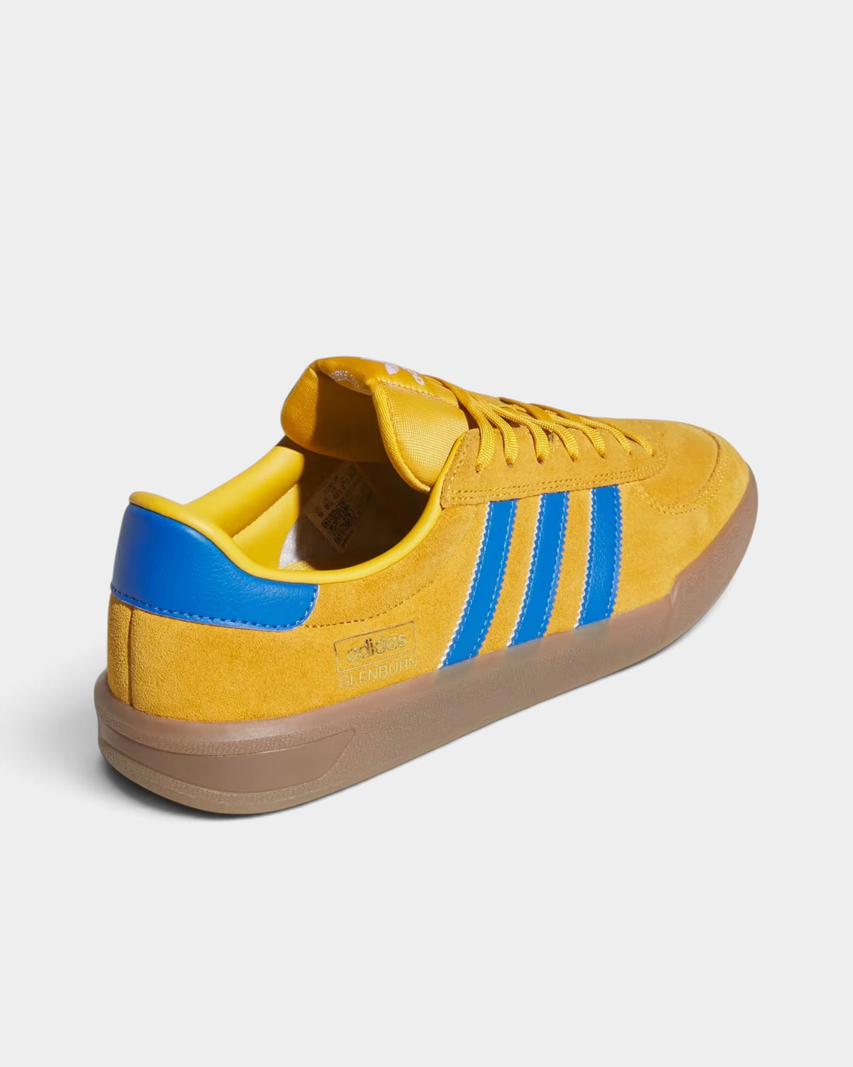Lockwood Avenue adidas Glenburn yellow suede skate shoes with blue stripes and a gum rubber plimsoll outsole