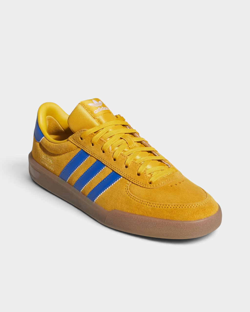 Lockwood Avenue adidas Glenburn yellow suede skate shoes with blue stripes and a gum rubber plimsoll outsole
