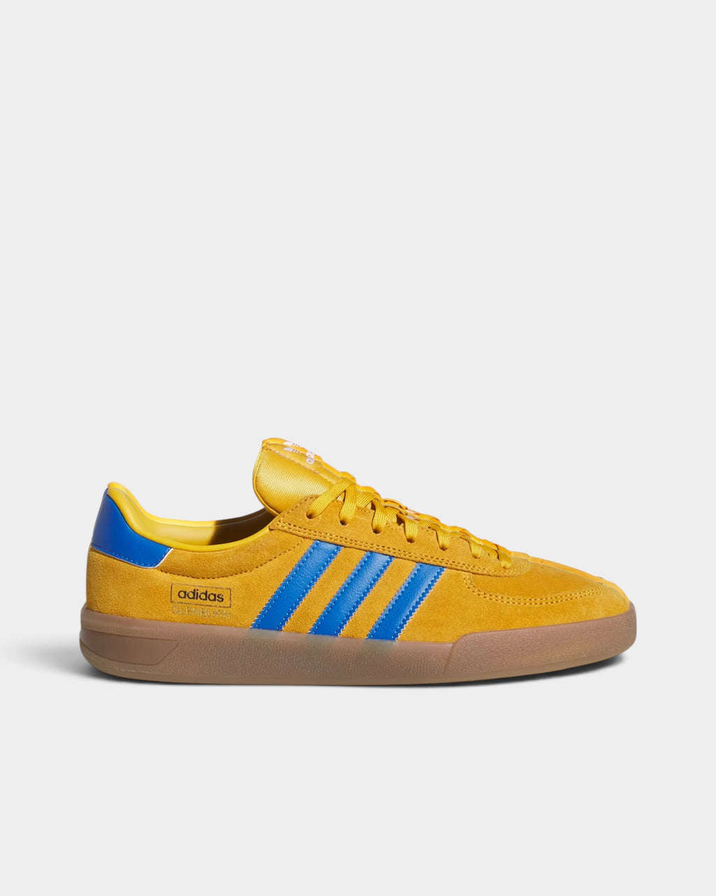 Lockwood Avenue adidas Glenburn skate shoes in yellow suede with blue stripes and a gum rubber plimsoll outsole