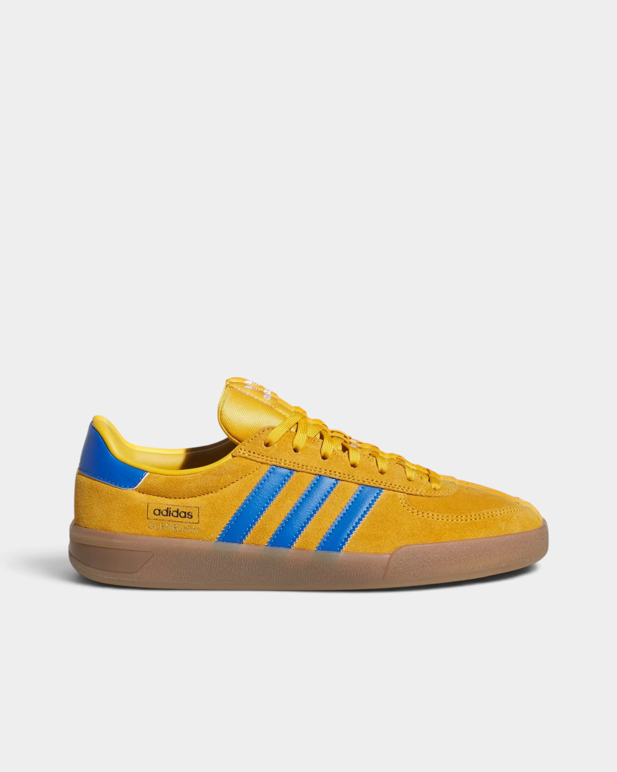 Lockwood Avenue adidas Glenburn skate shoes in yellow suede with blue stripes and a gum rubber plimsoll outsole