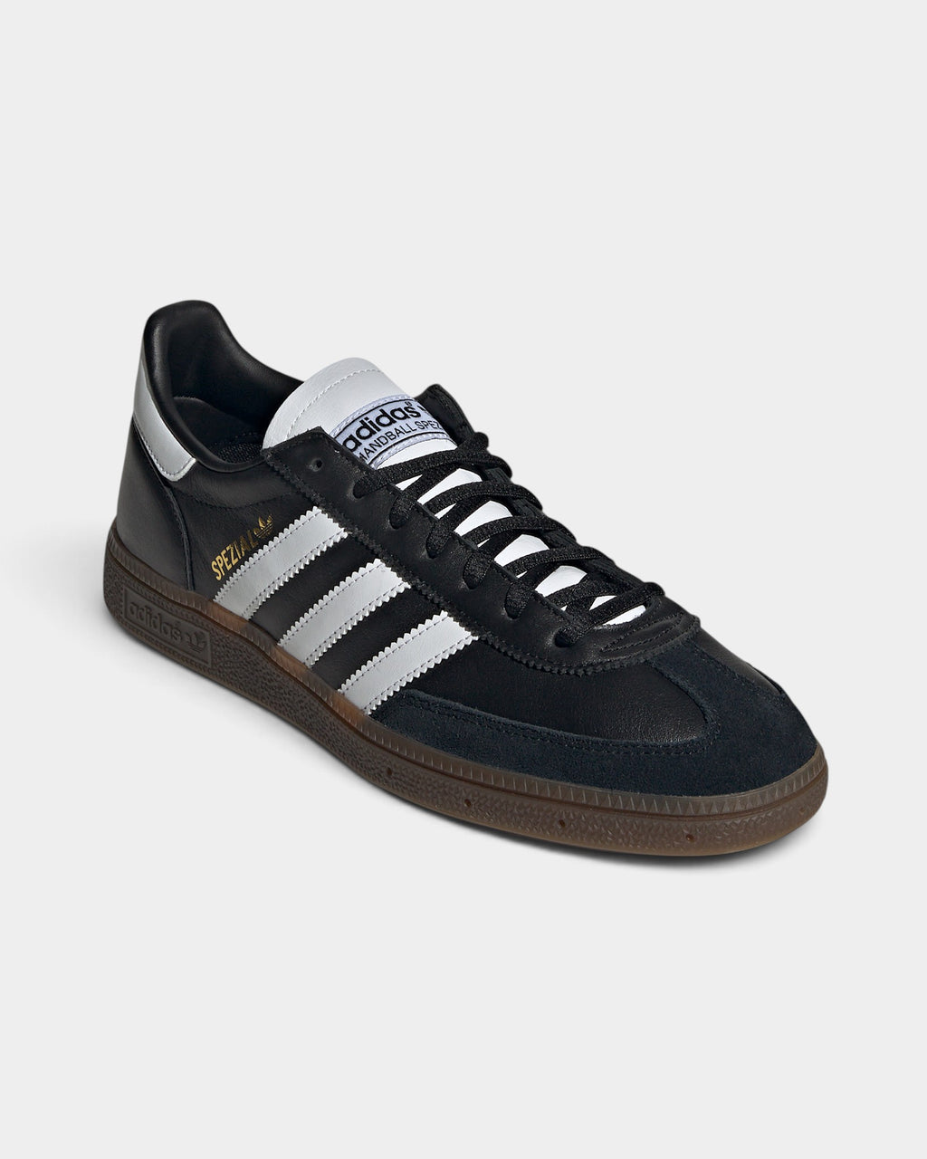 Lockwood Avenue adidas Handball Spezial leather sneakers in black with white stripes and a classic gum rubber sole.