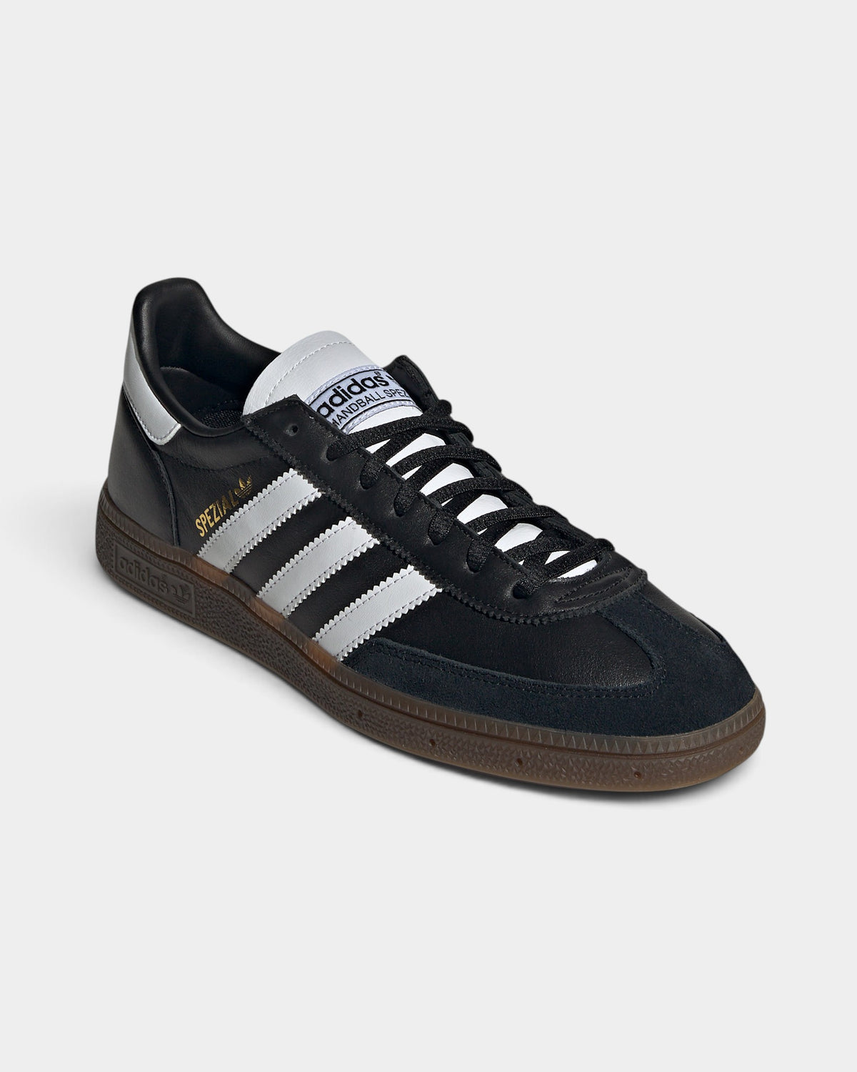 Lockwood Avenue adidas Handball Spezial leather sneakers in black with white stripes and a classic gum rubber sole.