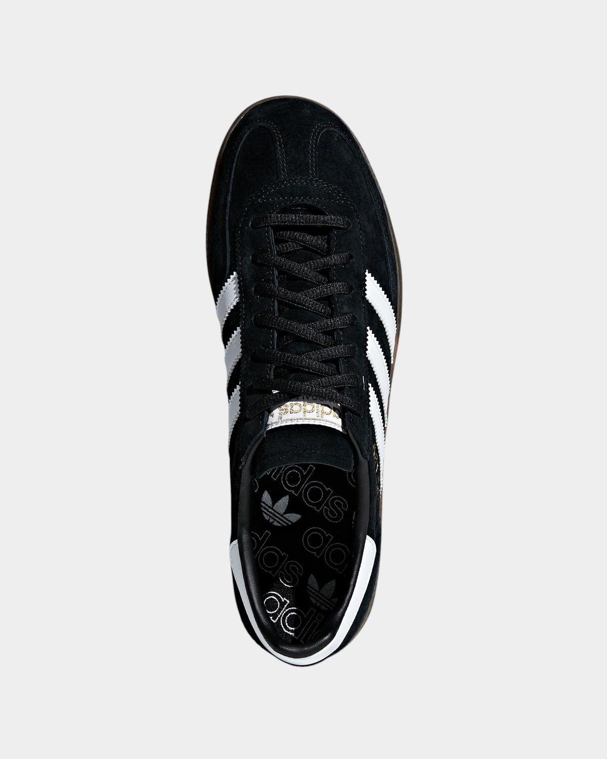 Lockwood Avenue adidas Handball Spezial black suede sneakers with white stripes and gum sole, top-down view