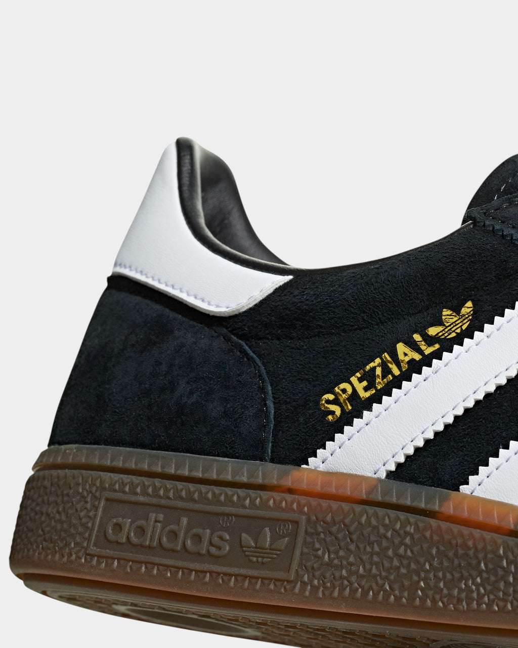 Lockwood Avenue adidas Handball Spezial black suede sneaker with white leather heel tab and metallic gold branding