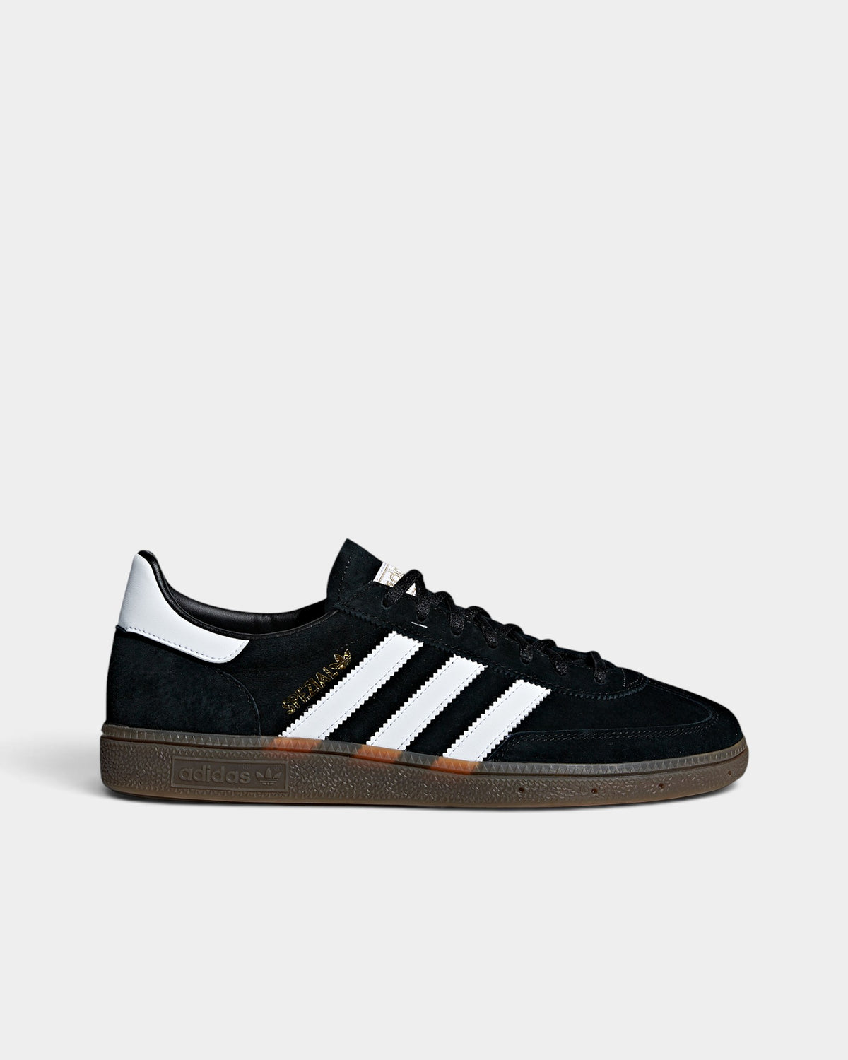 Lockwood Avenue adidas Handball Spezial black suede sneakers with white stripes, gold branding, and gum rubber sole.