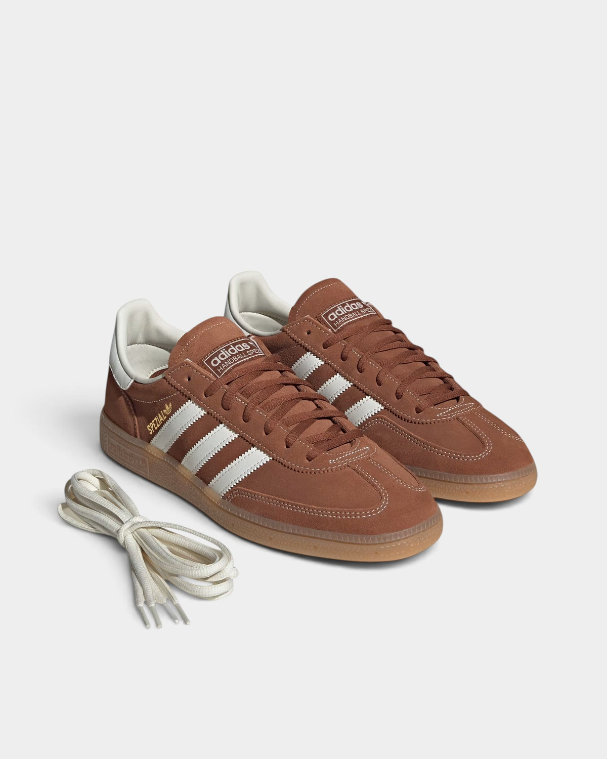 Lockwood Avenue adidas Handball Spezial shoes in dusky bronze suede with off-white stripes and a gum rubber sole.