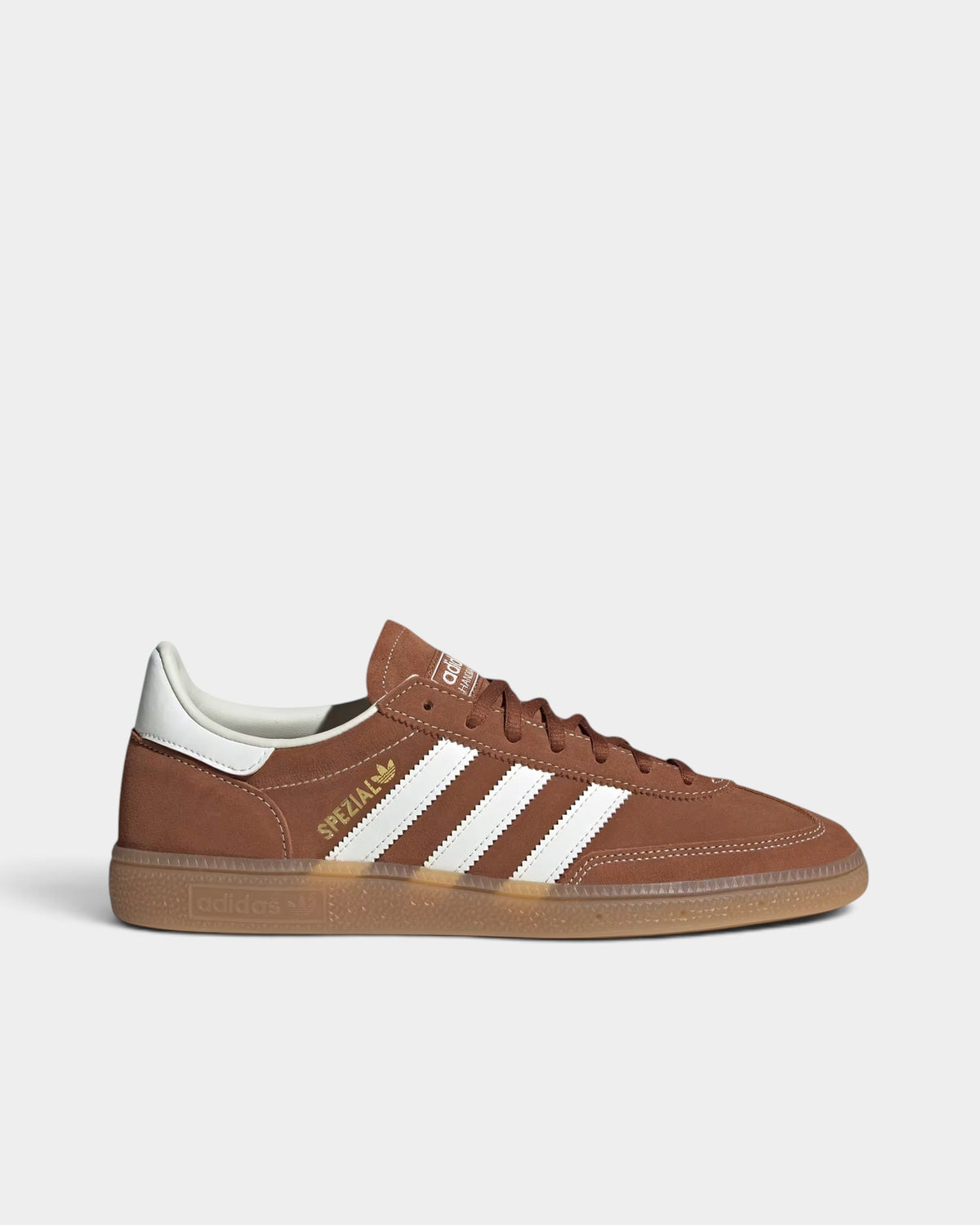 Lockwood Avenue adidas Handball Spezial shoes in dusky bronze suede with off-white stripes and a gum rubber sole.