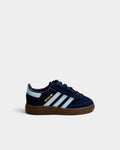 Lockwood Avenue adidas Handball Spezial kids shoes in navy suede with light blue stripes and a gum rubber sole.