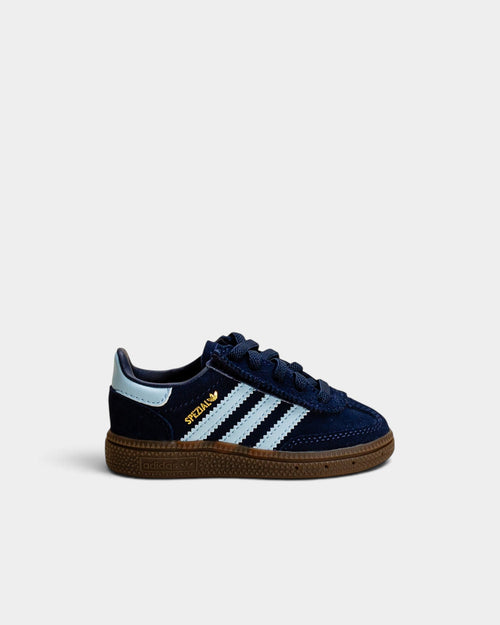 Lockwood Avenue adidas Handball Spezial kids shoes in navy suede with light blue stripes and a gum rubber sole.