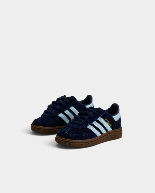 Lockwood Avenue adidas Handball Spezial kids sneakers in collegiate navy suede with light blue stripes and gum sole.