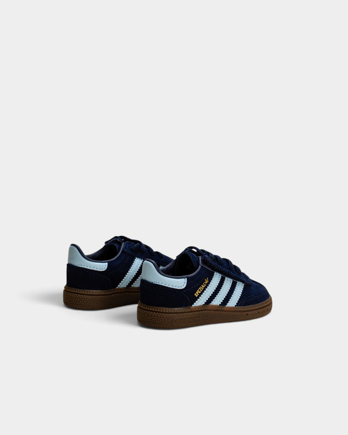 Lockwood Avenue adidas Handball Spezial kids shoes in collegiate navy suede with clear sky stripes and gum rubber sole