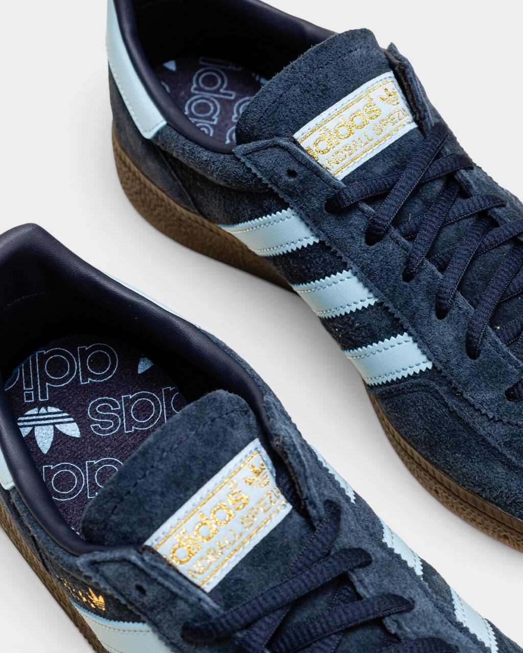 Lockwood Avenue adidas Handball Spezial navy suede sneakers with light blue leather stripes and gold foil branding
