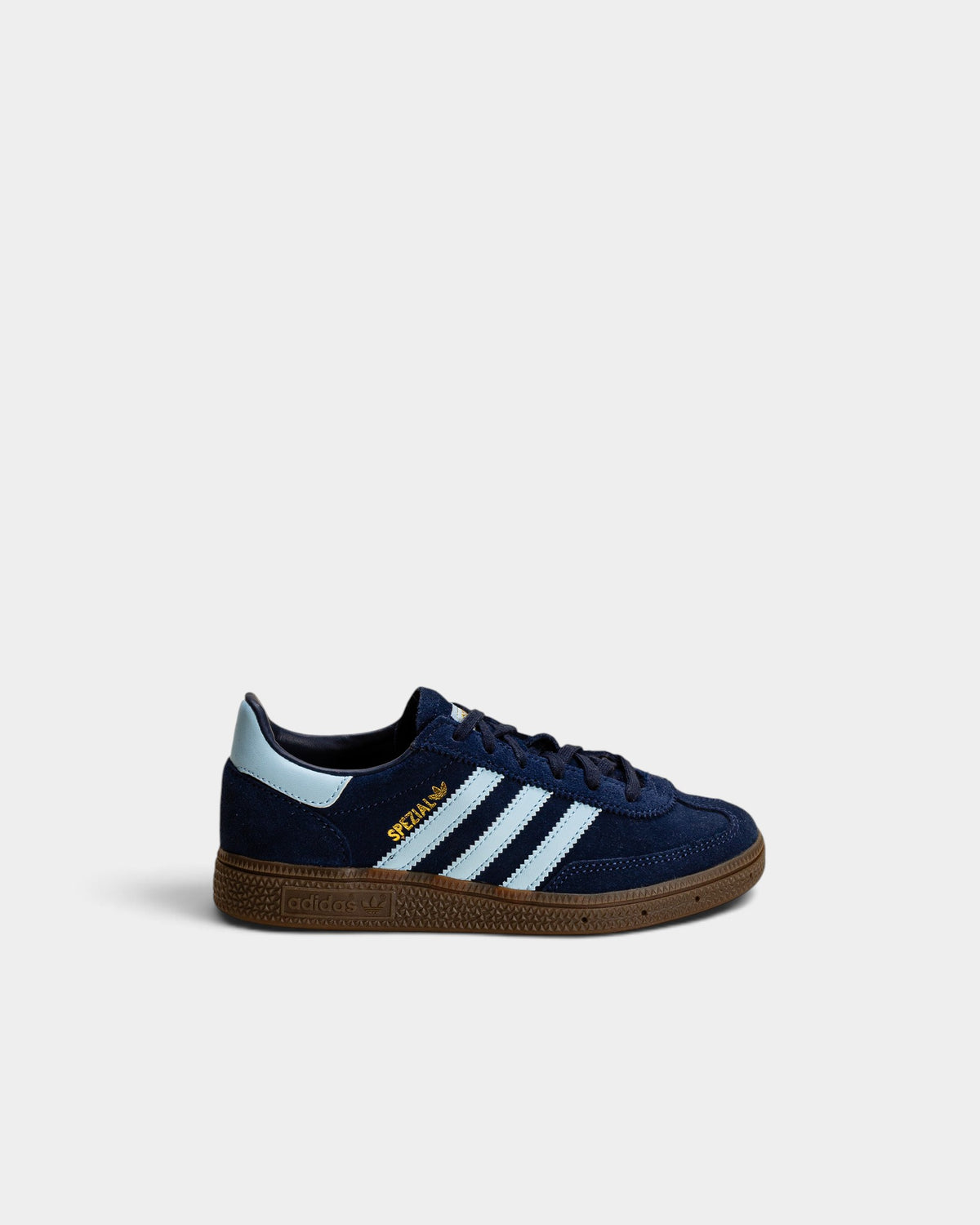Lockwood Avenue adidas Handball Spezial junior sneakers in collegiate navy suede with clear sky blue stripes and gum sole