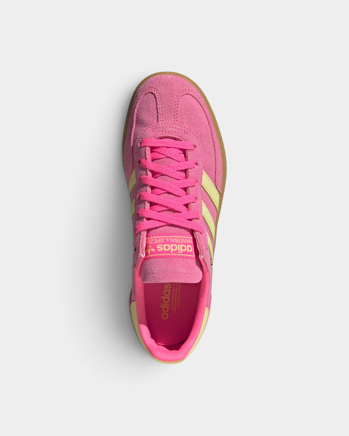 Lockwood Avenue adidas Handball Spezial shoes in lucid pink suede with yellow accents and a gum rubber sole