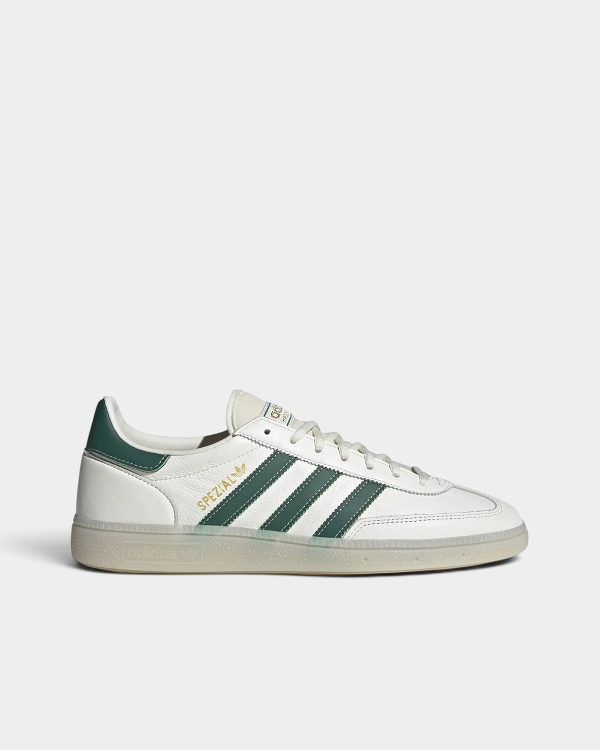 Lockwood Avenue adidas Handball Spezial sneakers in white leather and suede with collegiate green 3-stripes.