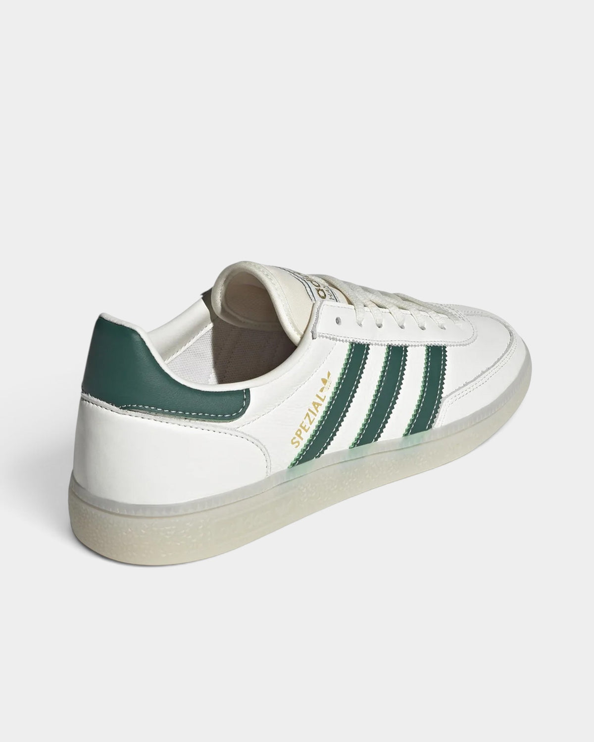 Lockwood Avenue adidas Handball Spezial sneakers in white leather and suede with green stripes and gold branding.