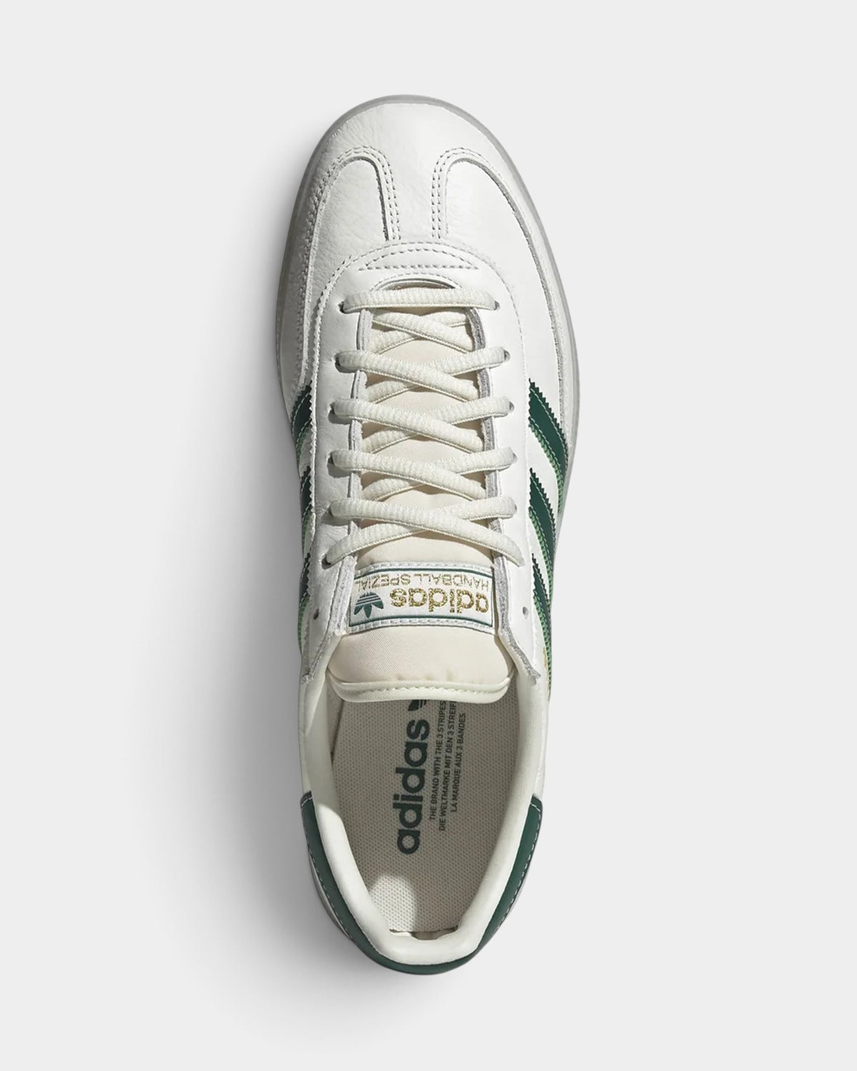 Lockwood Avenue adidas Handball Spezial sneakers in core white leather and suede with collegiate green 3-stripes.