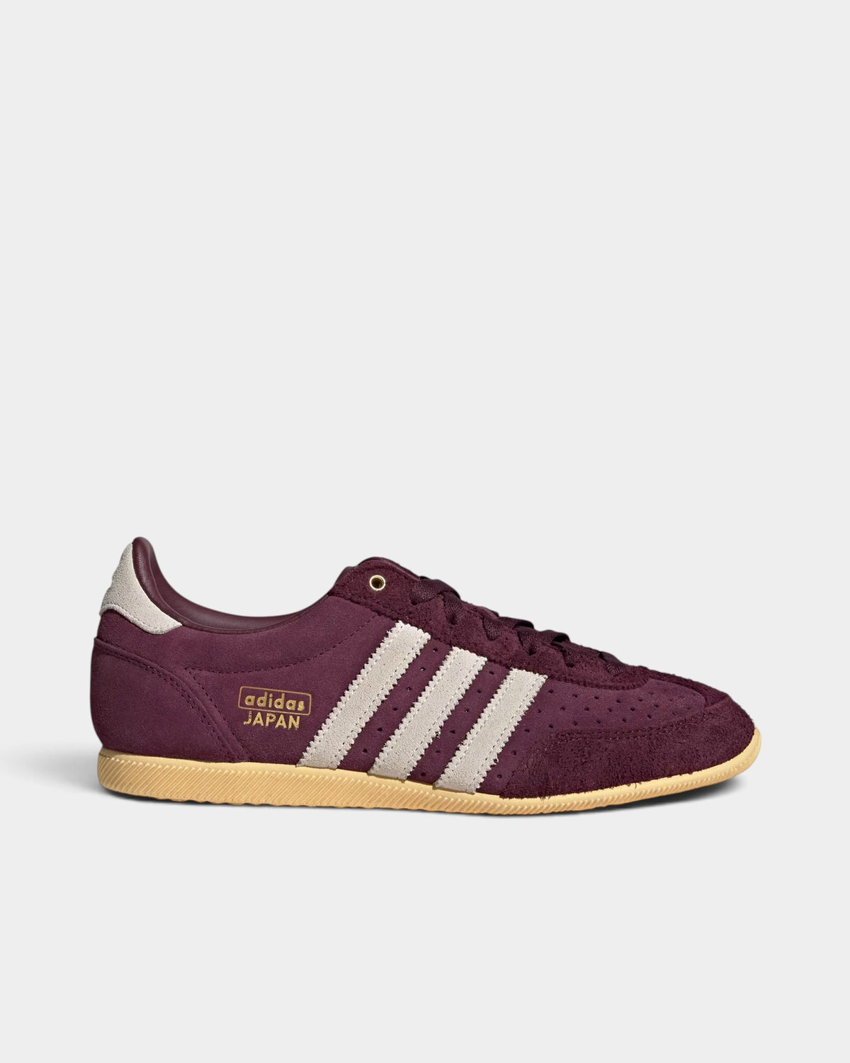 Lockwood Avenue adidas Japan maroon suede sneakers with cream white stripes and gold metallic branding details.