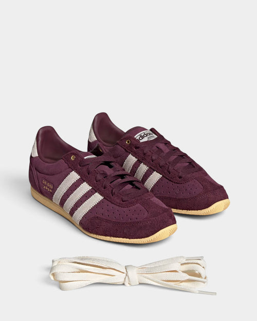Lockwood Avenue adidas Japan maroon suede sneakers with cream stripes and gold accents, including extra laces.