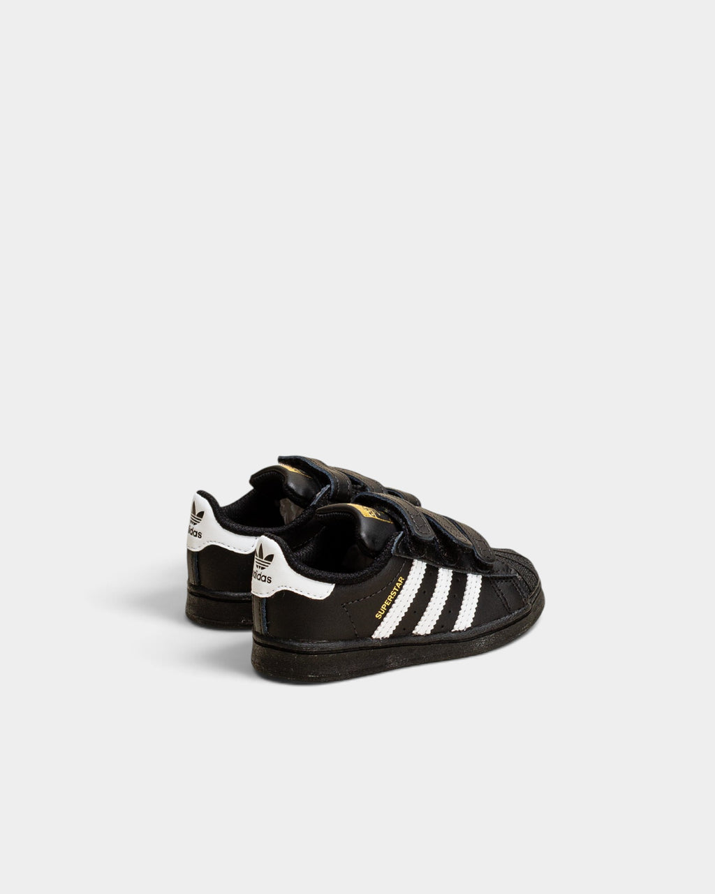Lockwood Avenue adidas Kids Superstar shoes in black with white shell toe and hook-and-loop strap closure