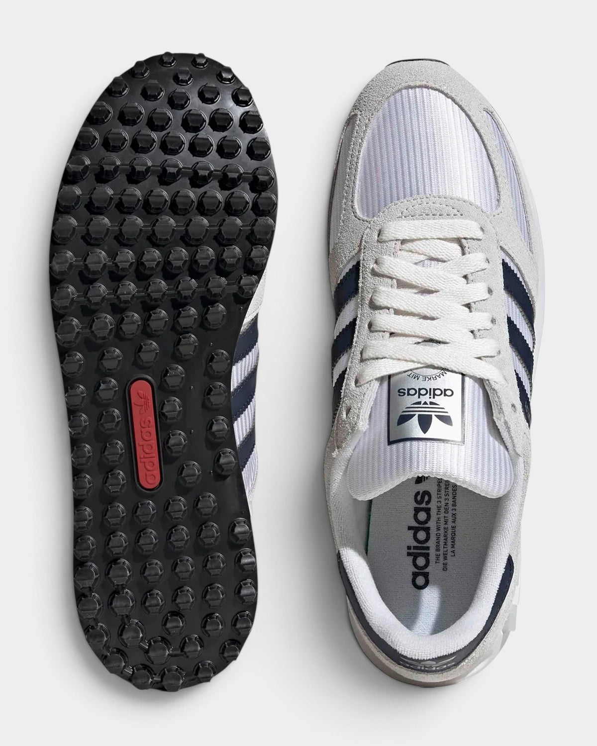 Lockwood Avenue adidas LA Trainer OG sneakers in white and indigo with mesh upper and textured rubber outsole