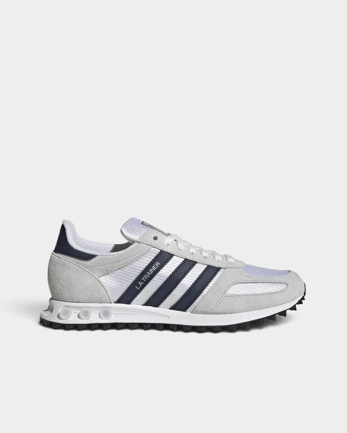 Lockwood Avenue adidas LA Trainer OG sneakers in white and indigo with mesh, nylon, and suede details.