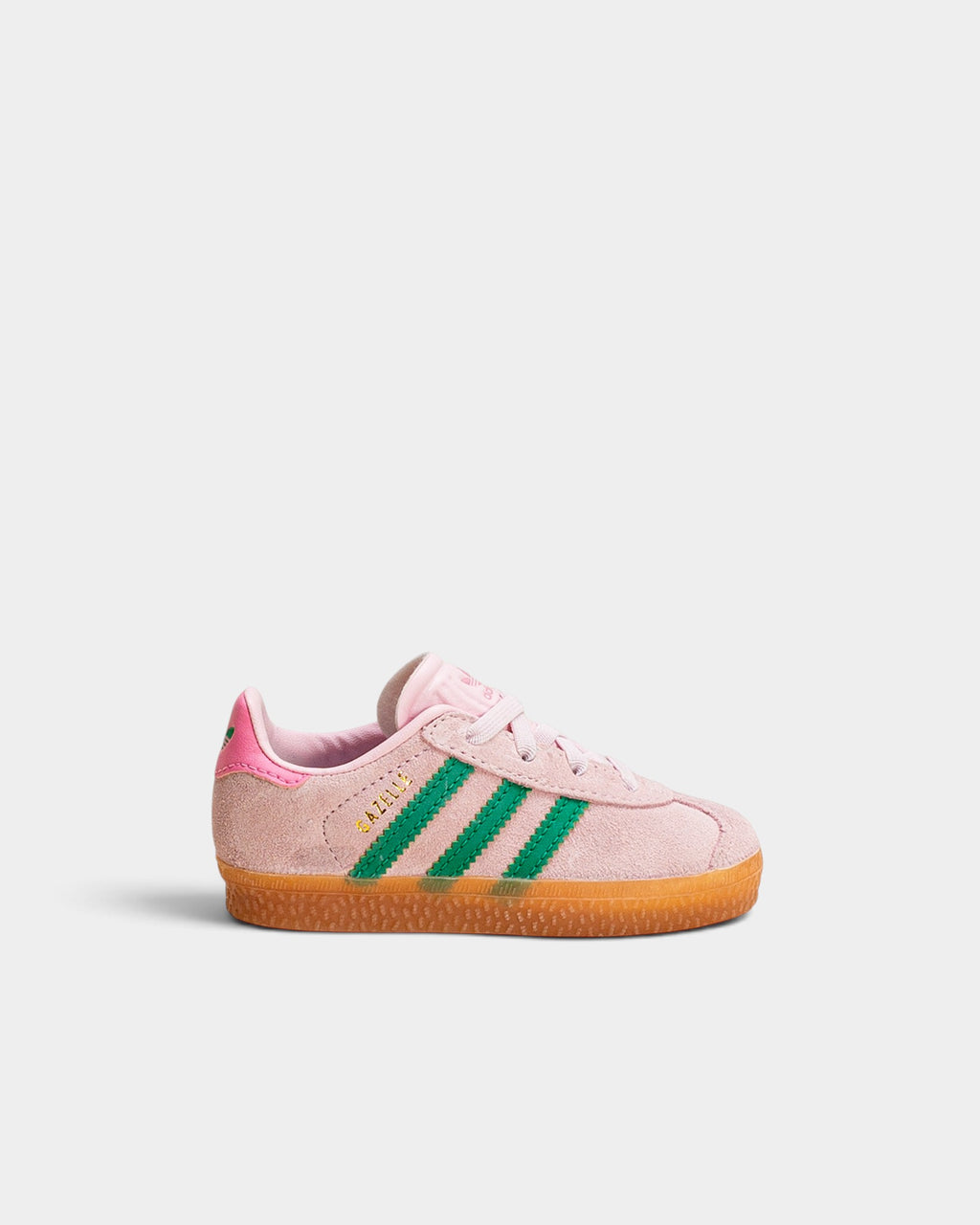 Lockwood Avenue adidas kids Gazelle sneakers in clear pink suede with green stripes and gum rubber sole