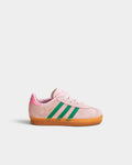 Lockwood Avenue adidas kids Gazelle sneakers in clear pink suede with green stripes and gum rubber sole