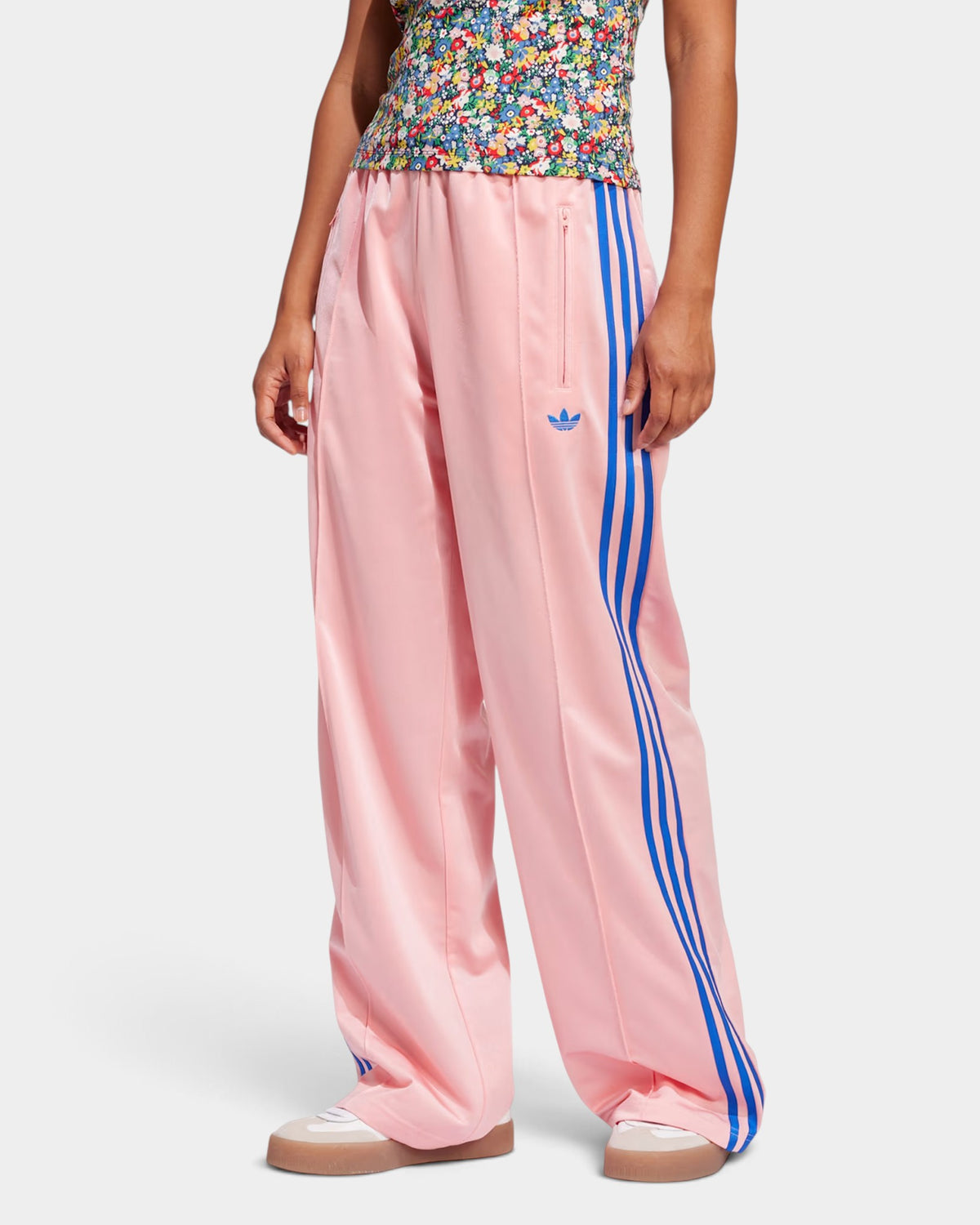 Lockwood Avenue adidas Adicolor Firebird loose track pants in bright pink tricot with blue 3-Stripes and Trefoil logo